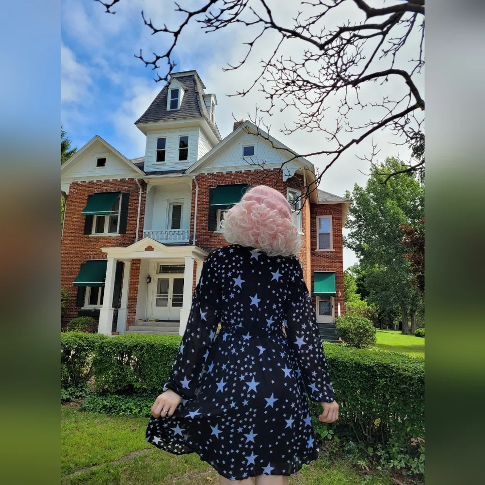 Starry Night Black Dress Star Print Long Sleeves Celestial Small - Picture 3 of 4